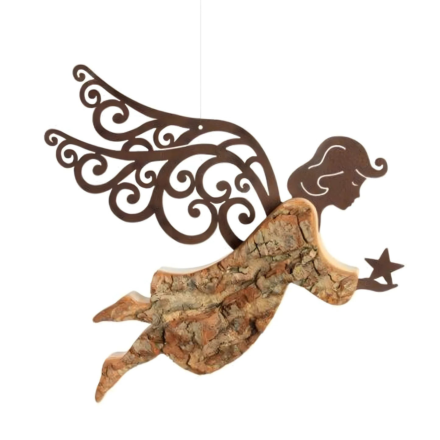 Modern-Style Angel with Wings: Natural Wood and Copper Hanging Sculpture