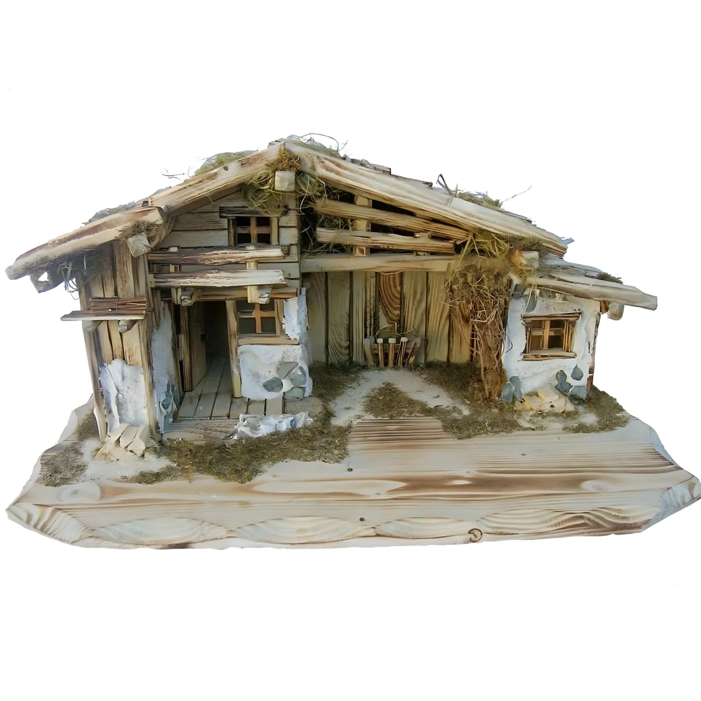 Rustic Nativity Scene Stable "Piciuel" in Lime Wood, Natural Finish