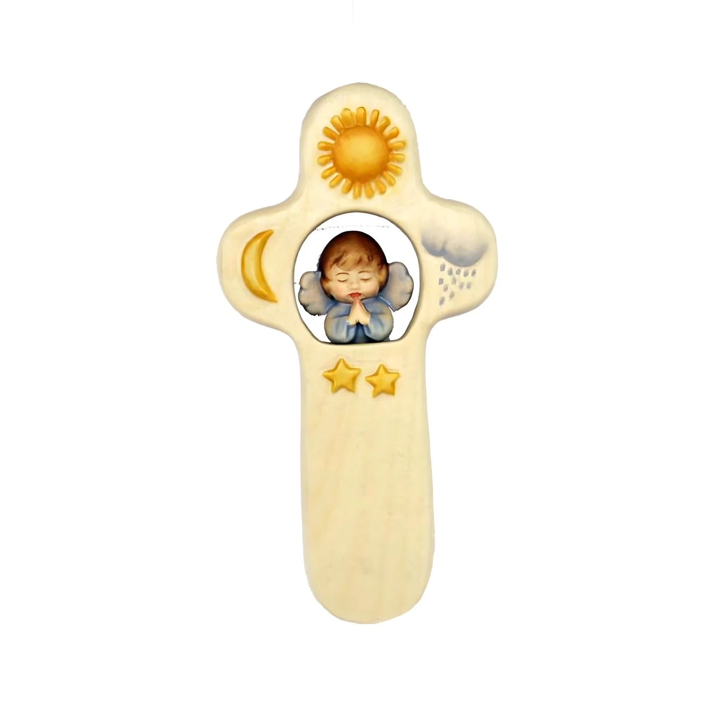 Children's Wall Cross with Praying Angel | Wooden Sculpture