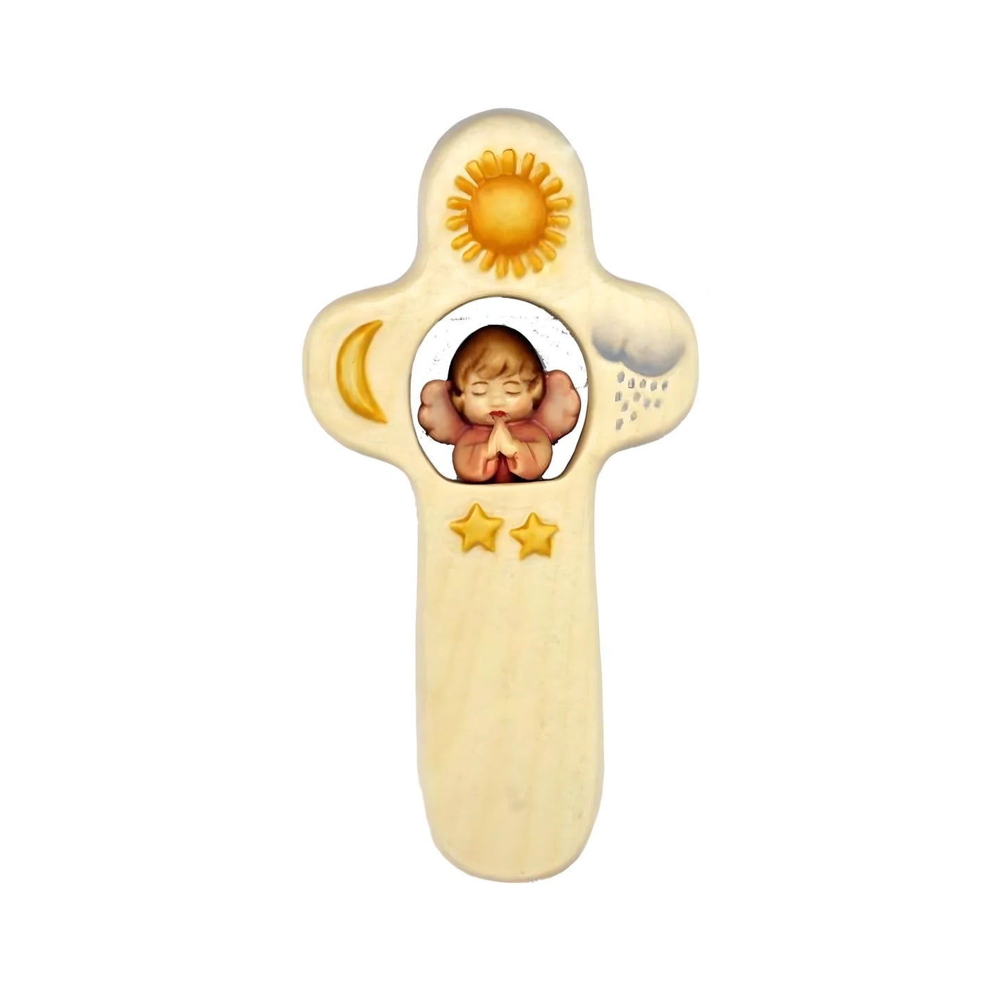 Wooden Val Gardena Cross: Praying Cherub for Children