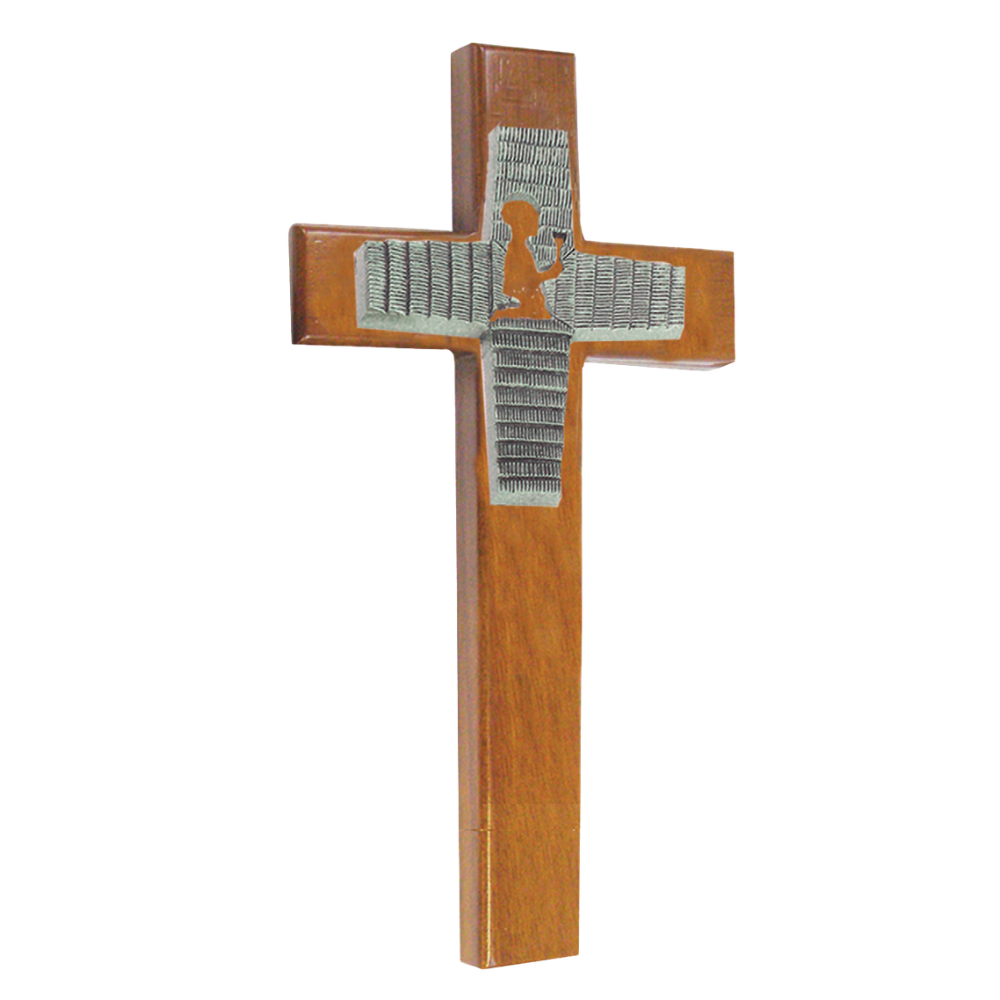 8" First Communion Boy Walnut Cross with Antique Silver Finish