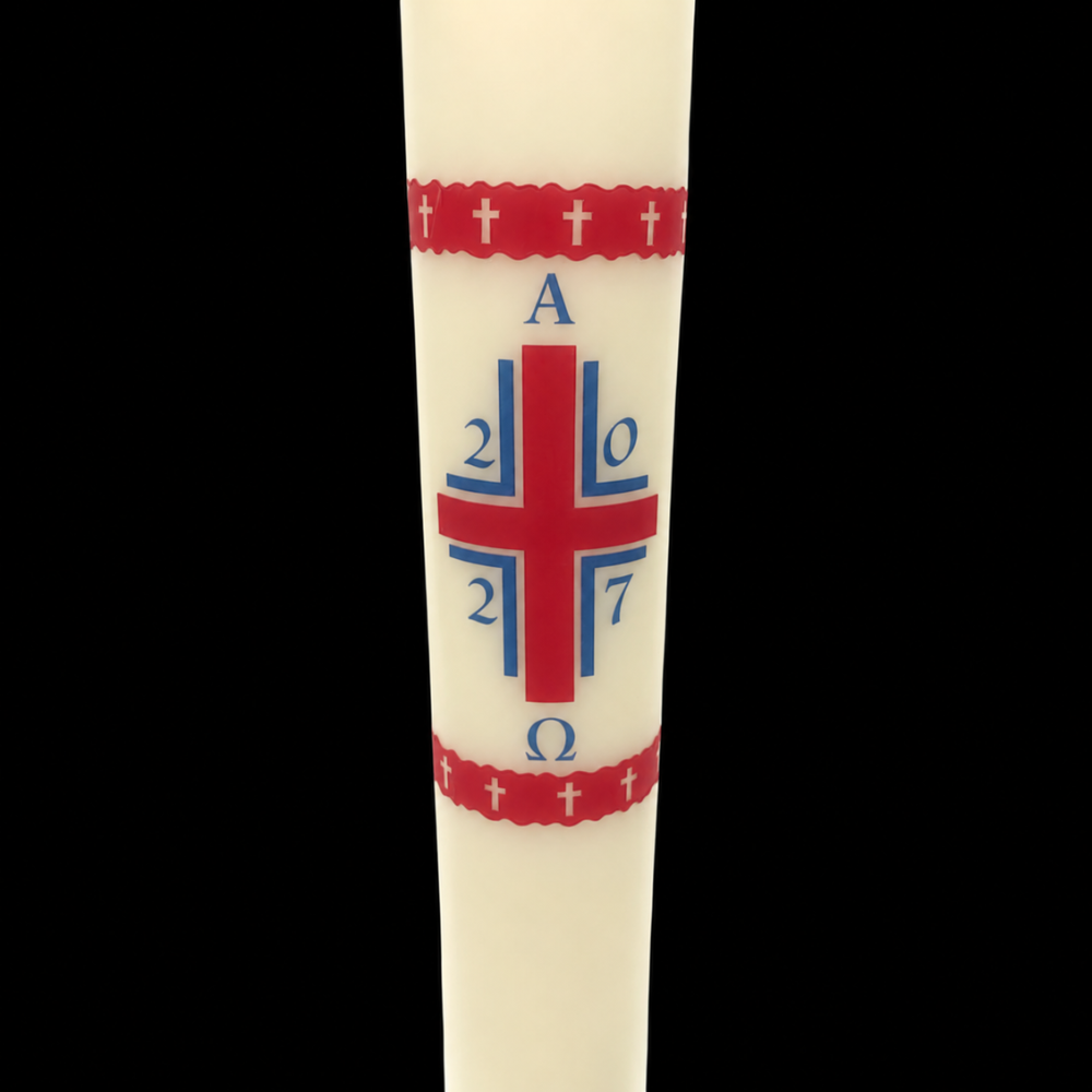 Red Cross with Alpha Omega Paschal Candle