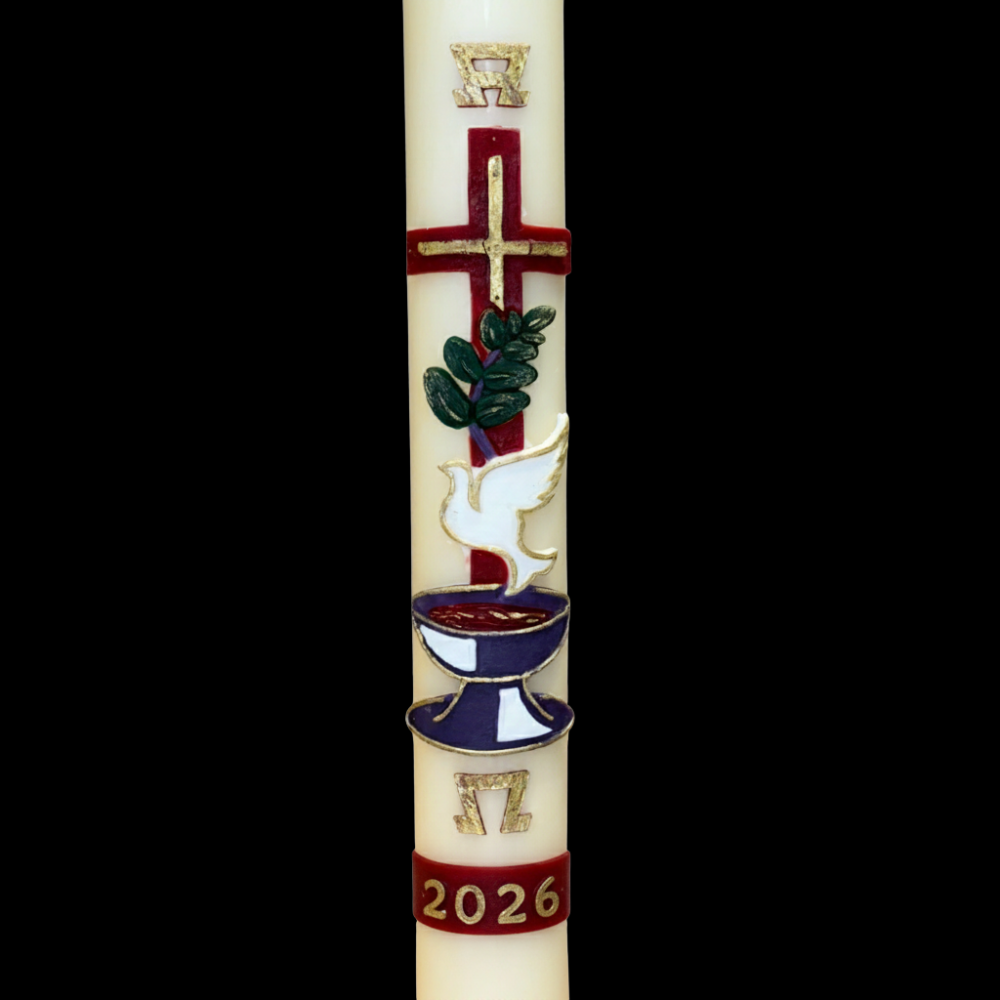 51% Beeswax Red Cross with Dove & Chalice Paschal Candle