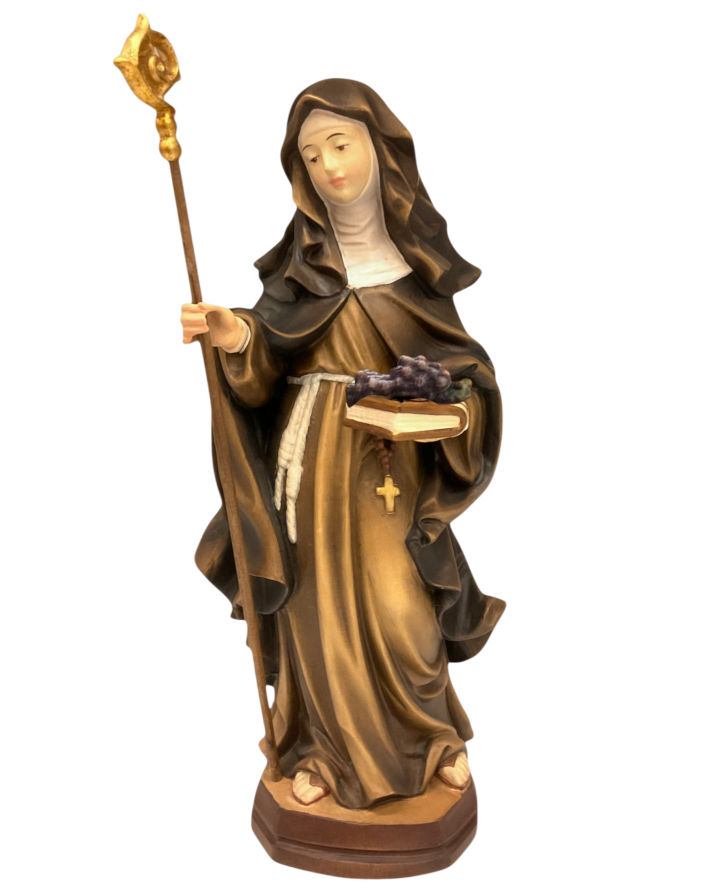 St. Scholastica in Wood with Rose Bouquet - Painted Val Gardena Sculpture