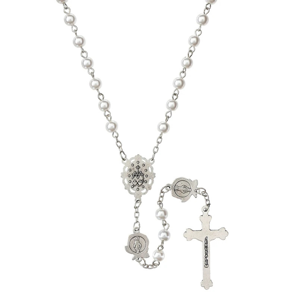 Our Lady of the Miraculous Rose White Pearl Rosary