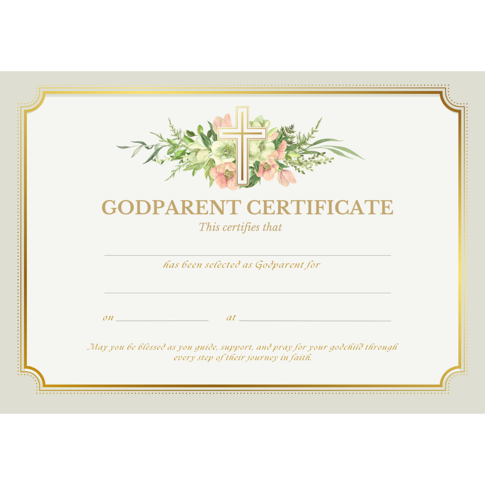 Godparent Certificate with Gold Cross & Flowers Design