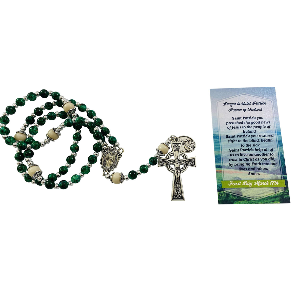 St Patrick Rosary with Prayer Card - Emerald Green Beads