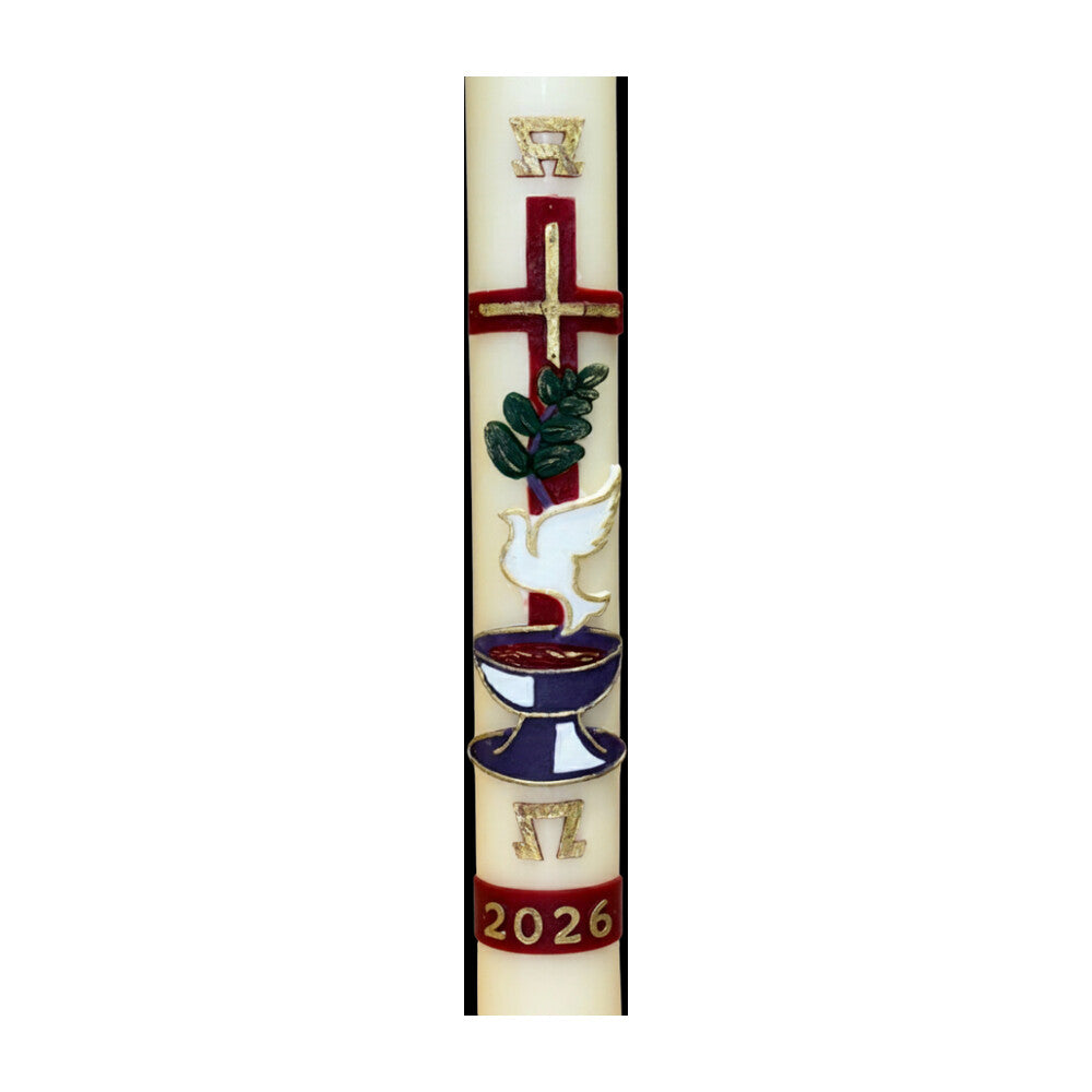 51% Beeswax Red Cross with Dove & Chalice Paschal Candle