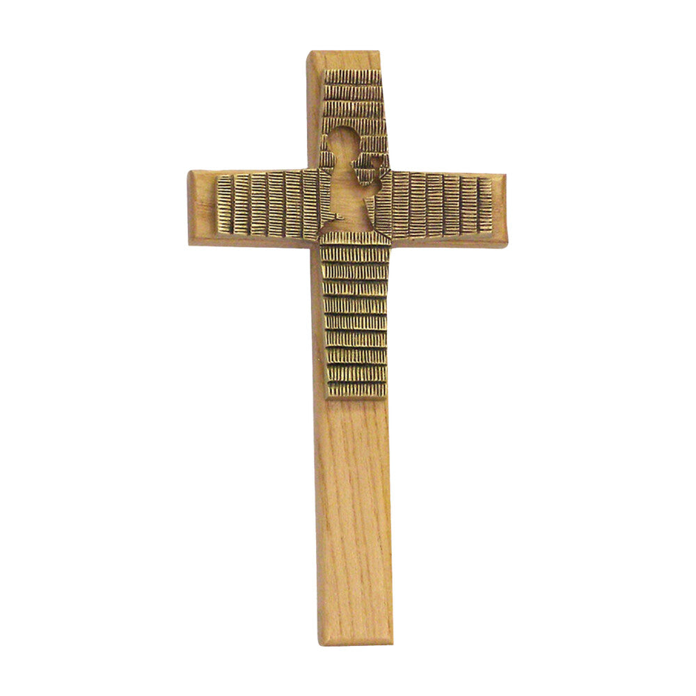 8" First Communion Boy Oak Cross with Antique Gold Finish