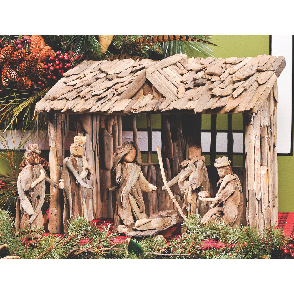 8" Scale Natural Driftwood 6 Piece Nativity Set with Stable