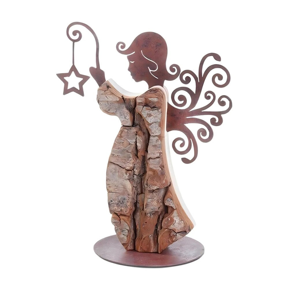 Stylized Val Gardena Angel in Natural Wood and Bark with Burnished Metal Effect Details