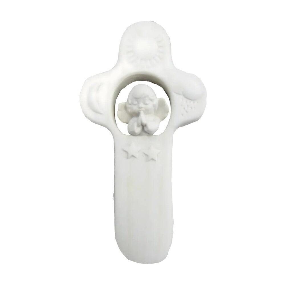 Maple Wood Guardian Angel Cross with Celestial Symbols 15 cm
