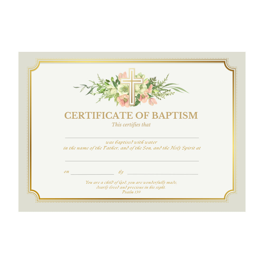 Baptismal Certificate with Gold Cross & Flowers Design