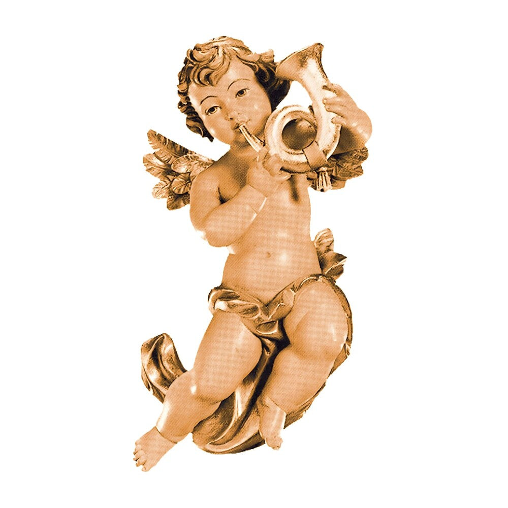 Winged Cherub Musician with Horn | Flying Angel Wooden Sculpture