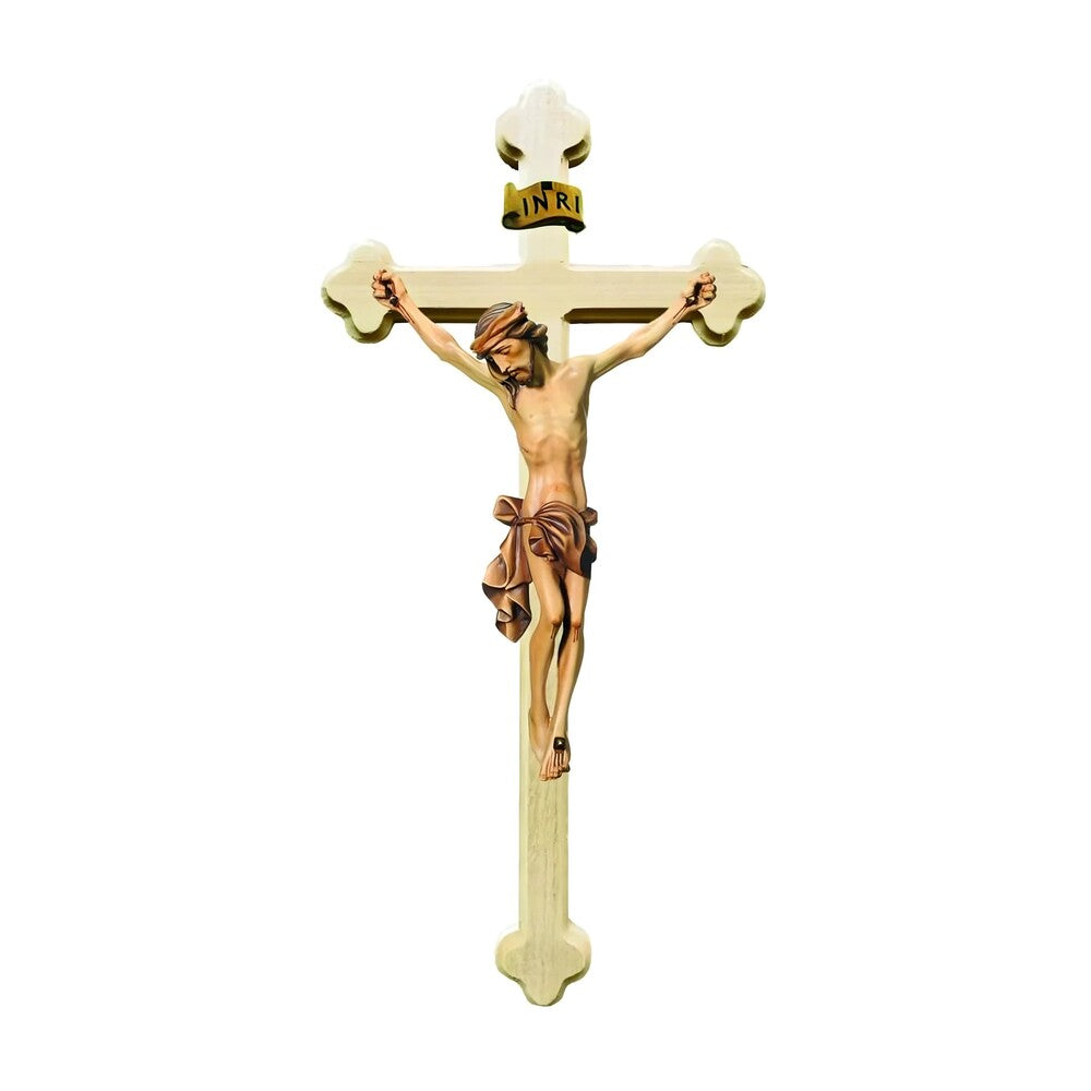 Crucifix with Christ and Baroque Stylized Cross, Carved in Val Gardena Wood
