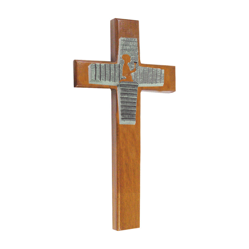 8" First Communion Boy Walnut Cross with Antique Silver Finish