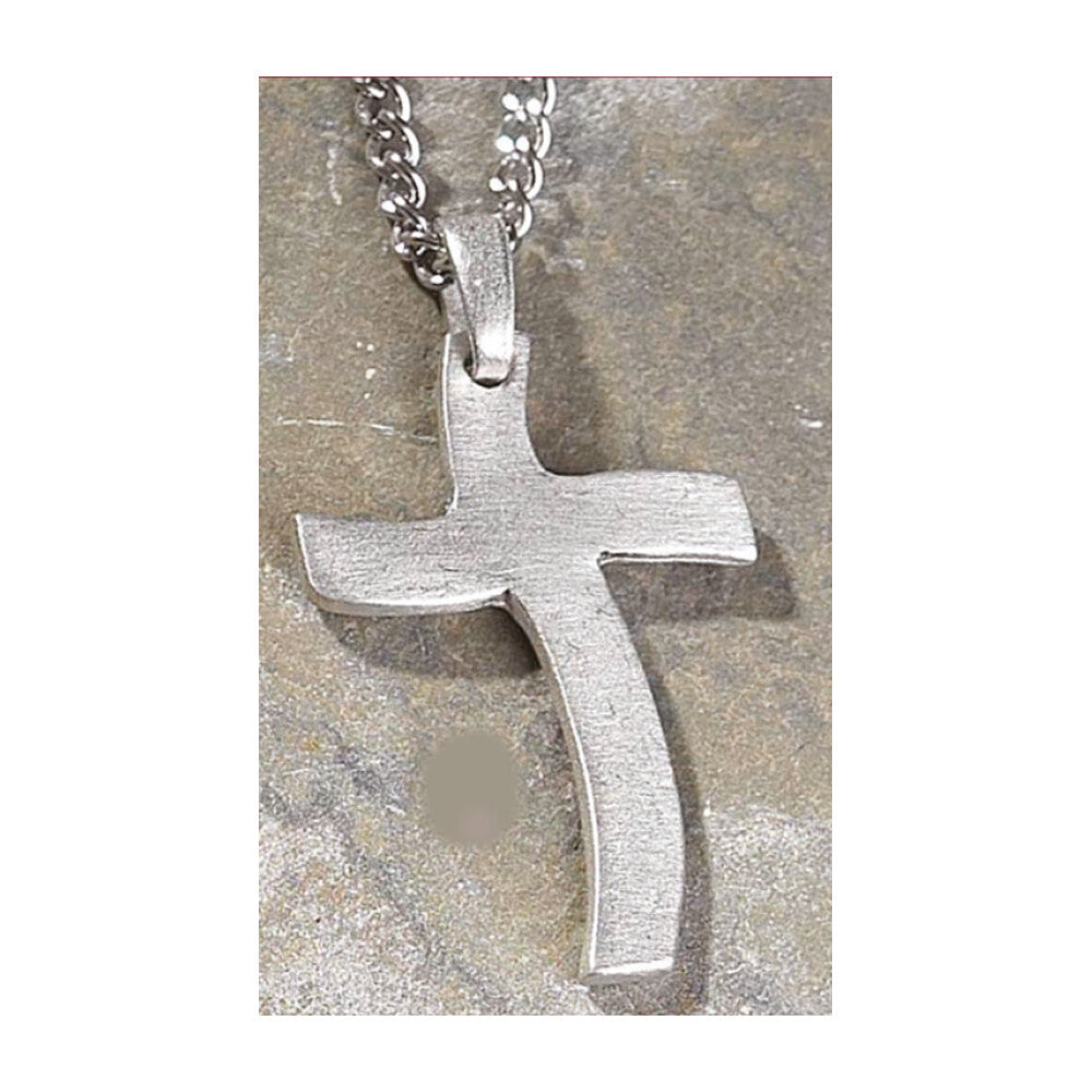 Bright Cut Pewter Curved Cross Necklace