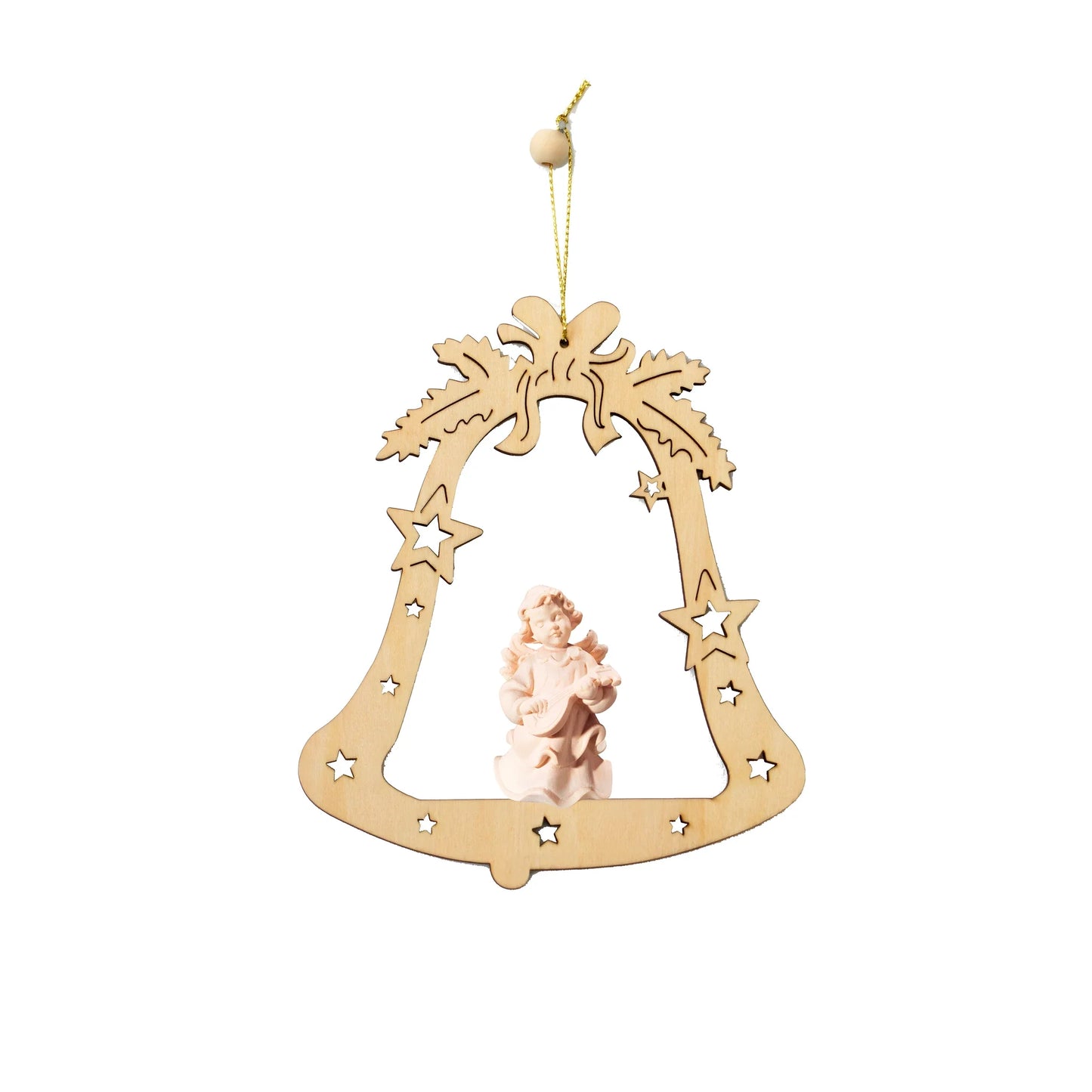 Christmas Ornament Musician Angel in Carved Wood Bell Val Gardena