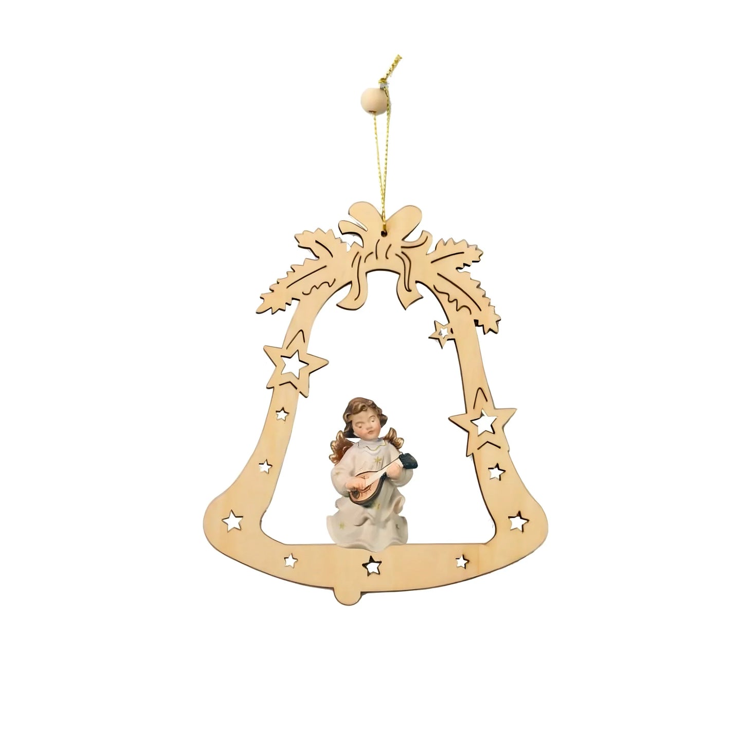 Christmas Ornament Musician Angel in Carved Wood Bell Val Gardena