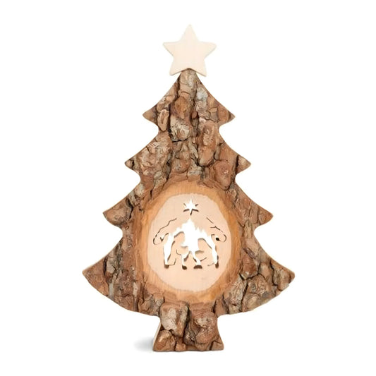 Natural Wood Christmas Tree with Nativity Silhouette | Val Gardena