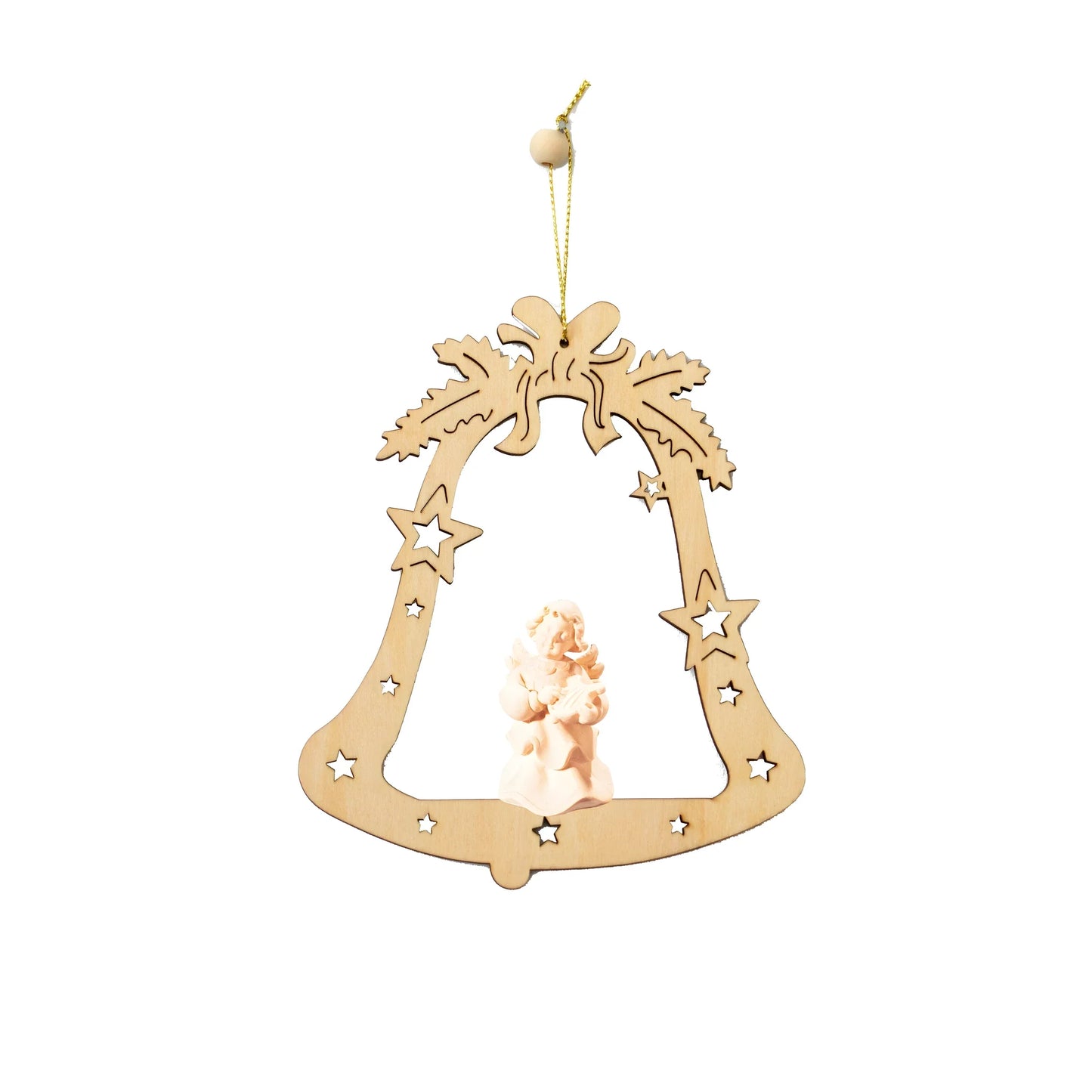Seraphic Angel with Harp in Maple Wood in a Bell - Gardena Valley Christmas Ornament