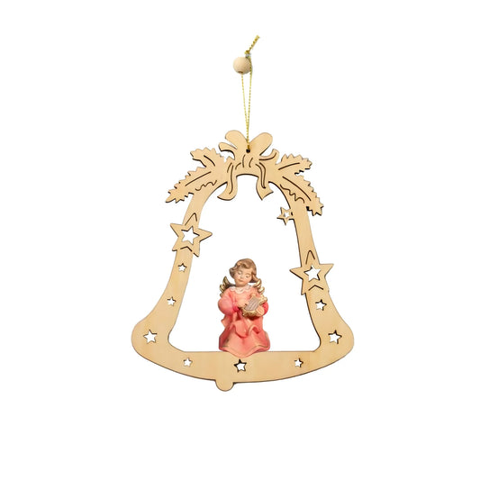 Seraphic Angel with Harp in Maple Wood in a Bell - Gardena Valley Christmas Ornament