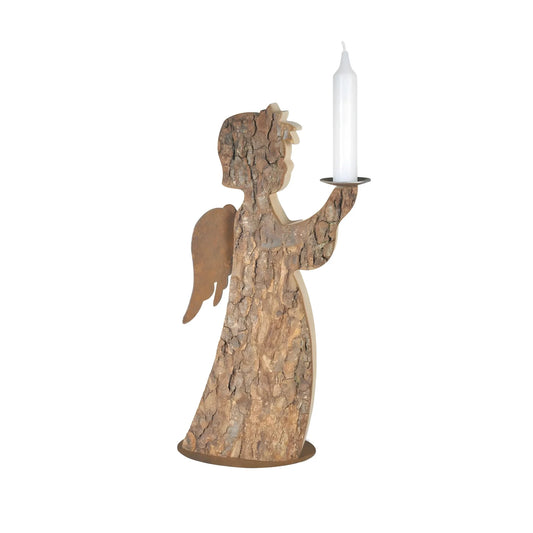 Stylized Angel Candle Holder in Natural Bark and Maple Wood, 29 cm