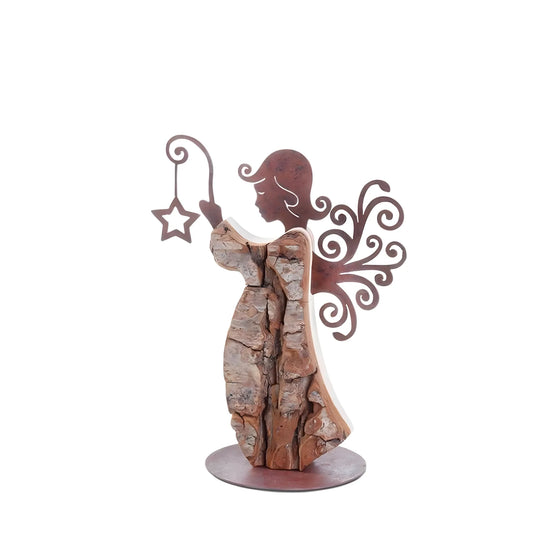 Stylized Val Gardena Angel in Natural Wood and Bark with Burnished Metal Effect Details
