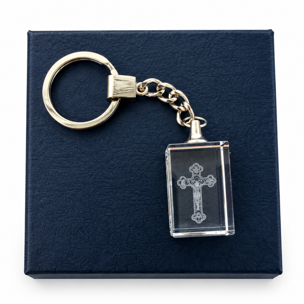 Laser Engraved Crystal Crucifix Keychain