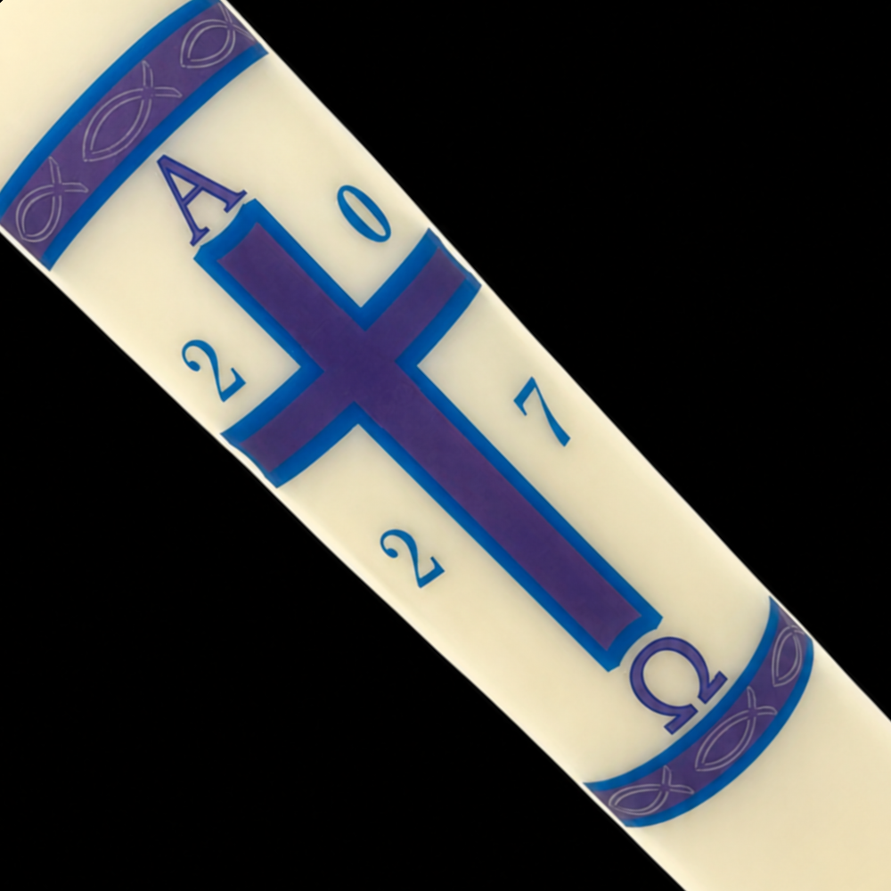 Blue & Purple Cross with Fish Paschal Candle