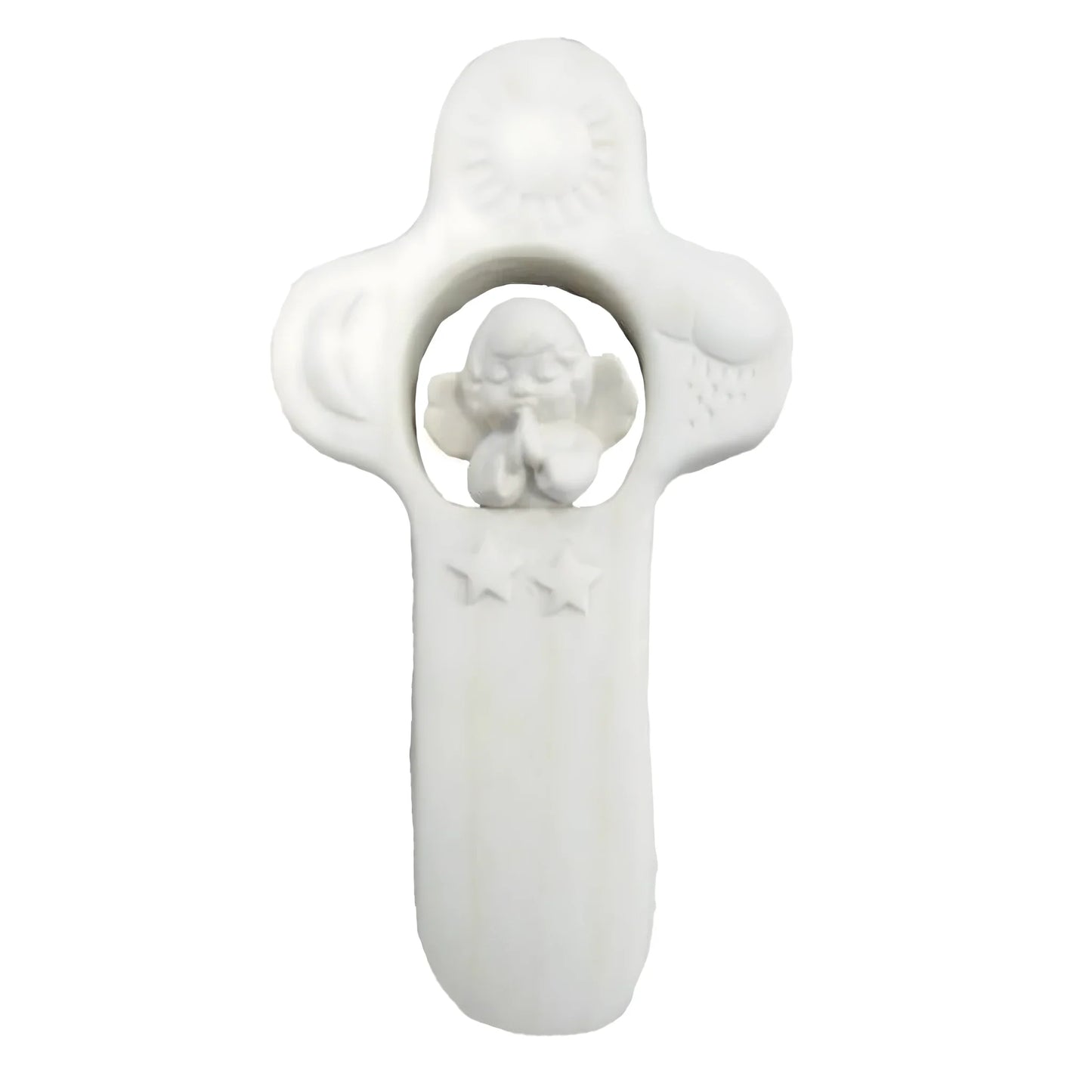 Maple Wood Guardian Angel Cross with Celestial Symbols 15 cm