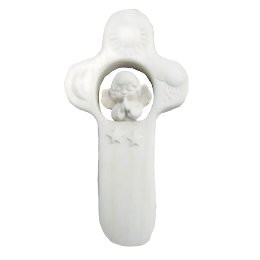 Maple Wood Guardian Angel Cross with Celestial Symbols 15 cm