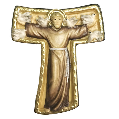 Handmade Wooden Saint Francis Tau Cross Val Gardena