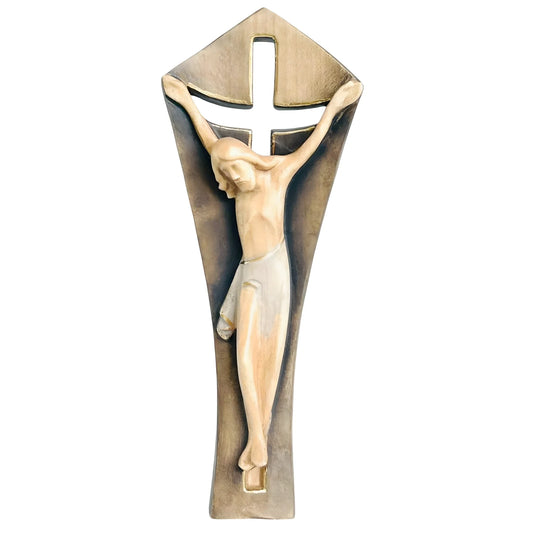 Modern Stylized Crucifix in Natural Wood – Val Gardena Craftsmanship