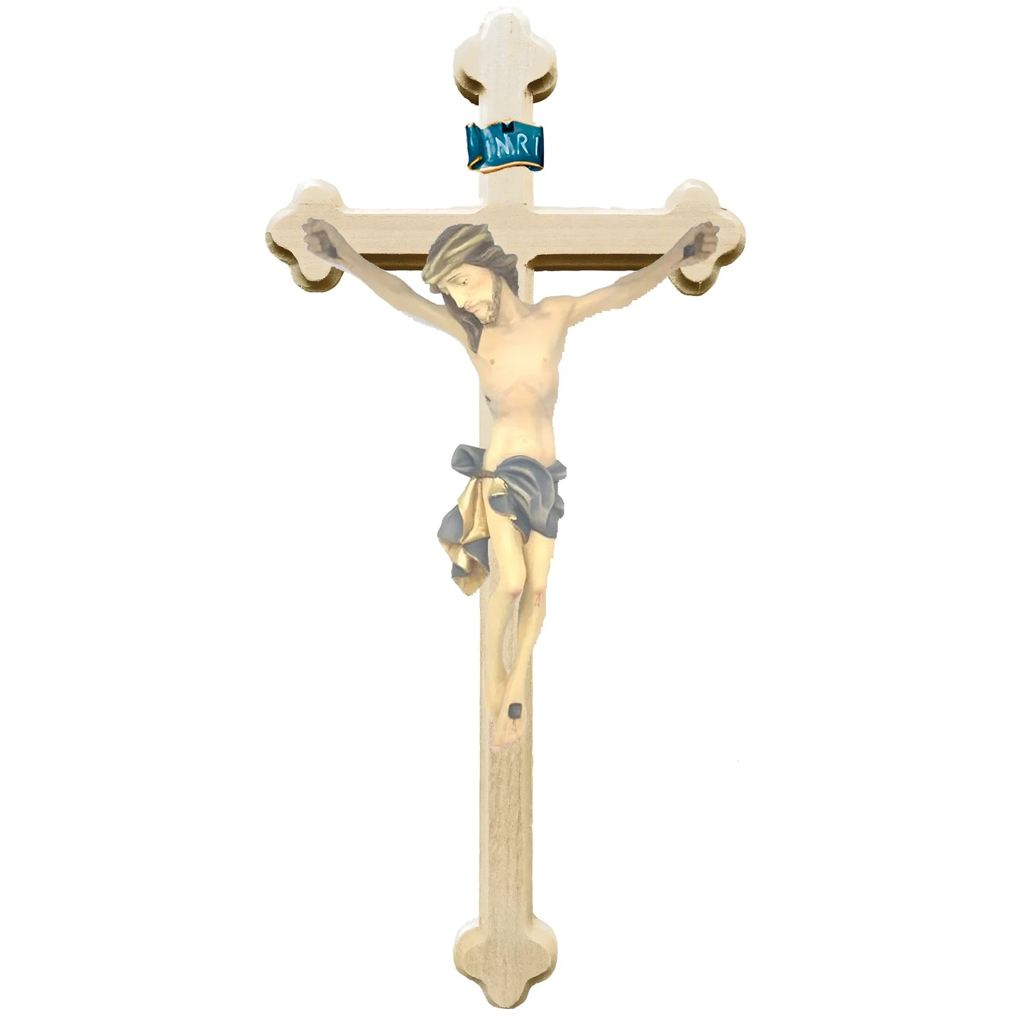 Crucifix with Christ and Baroque Stylized Cross, Carved in Val Gardena Wood