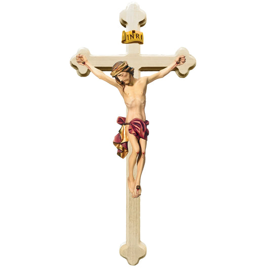 Crucifix with Christ and Baroque Stylized Cross, Carved in Val Gardena Wood