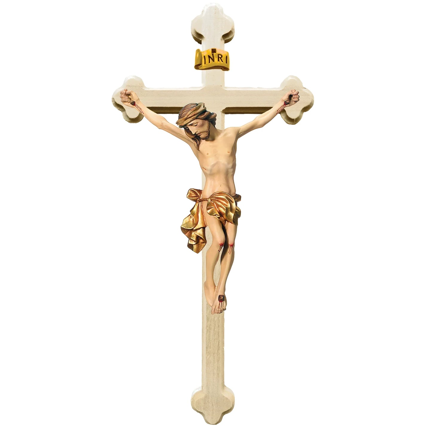 Crucifix with Christ and Baroque Stylized Cross, Carved in Val Gardena Wood