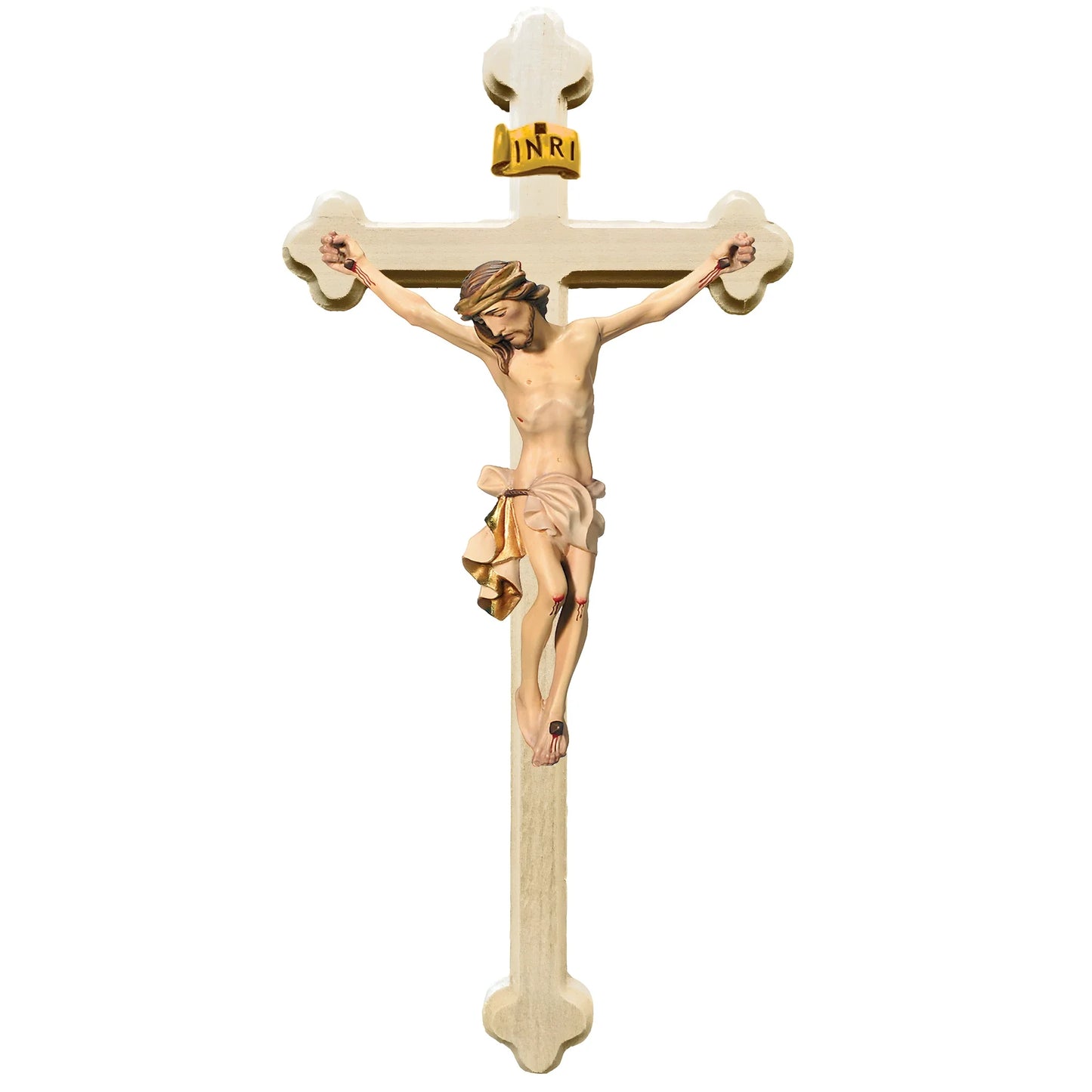 Crucifix with Christ and Baroque Stylized Cross, Carved in Val Gardena Wood