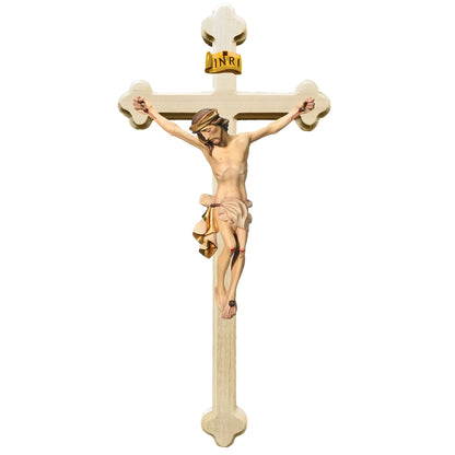 Crucifix with Christ and Baroque Stylized Cross, Carved in Val Gardena Wood