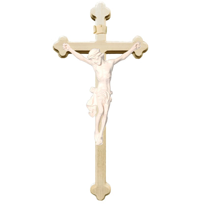 Crucifix with Christ and Baroque Stylized Cross, Carved in Val Gardena Wood