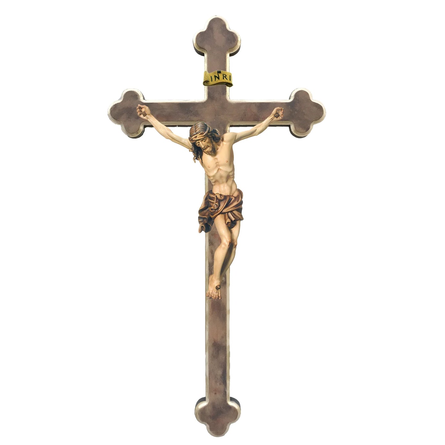Maple Wooden Crucifix on Baroque Cross, Oil Painted