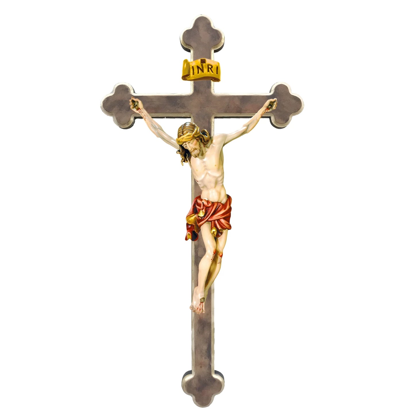 Maple Wooden Crucifix on Baroque Cross, Oil Painted