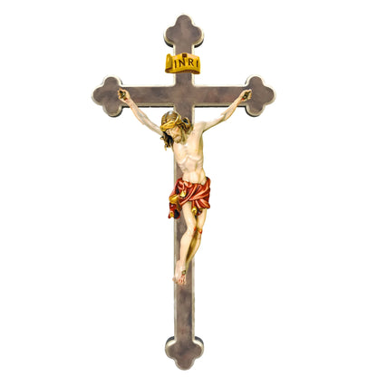 Maple Wooden Crucifix on Baroque Cross, Oil Painted