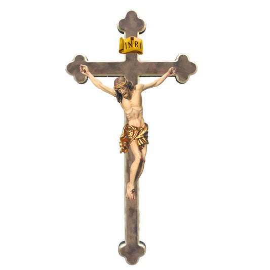 Maple Wooden Crucifix on Baroque Cross, Oil Painted