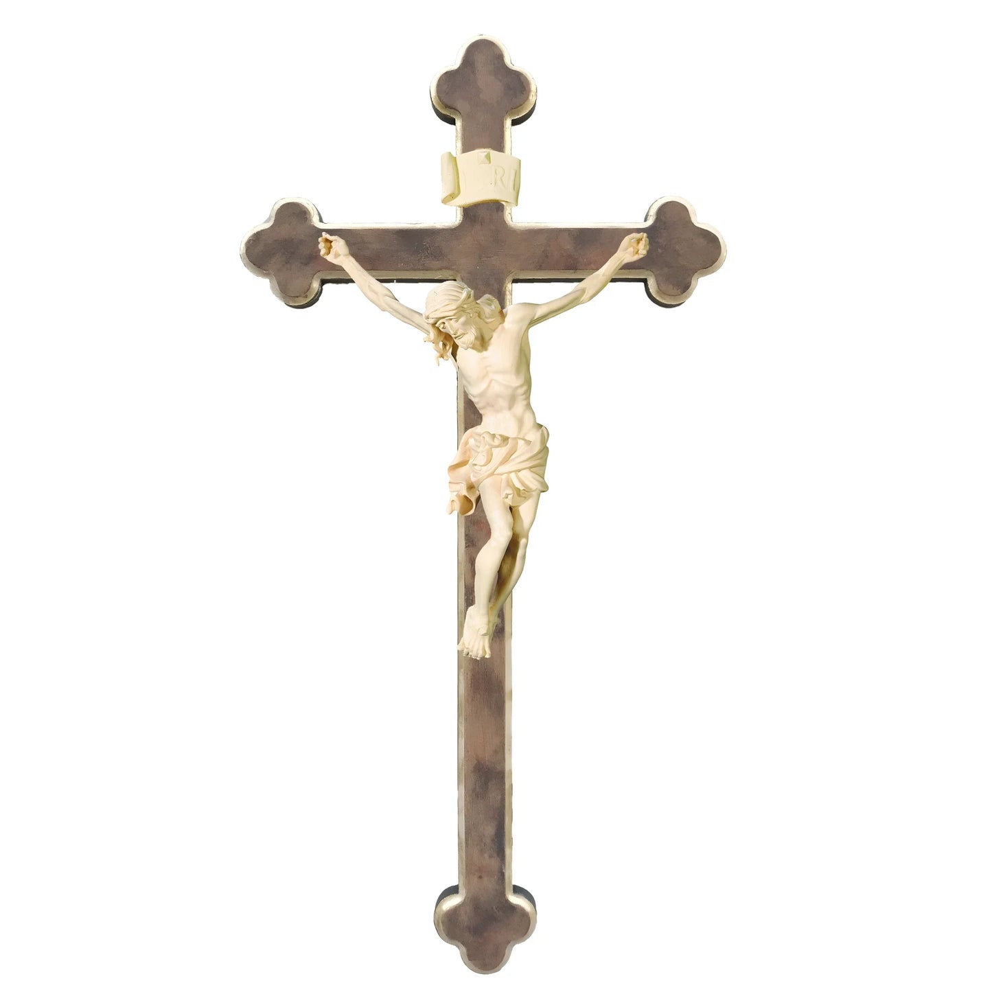 Maple Wooden Crucifix on Baroque Cross, Oil Painted