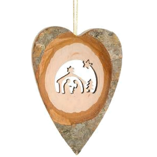 Stylised Nativity Decorative Heart in Maple Wood