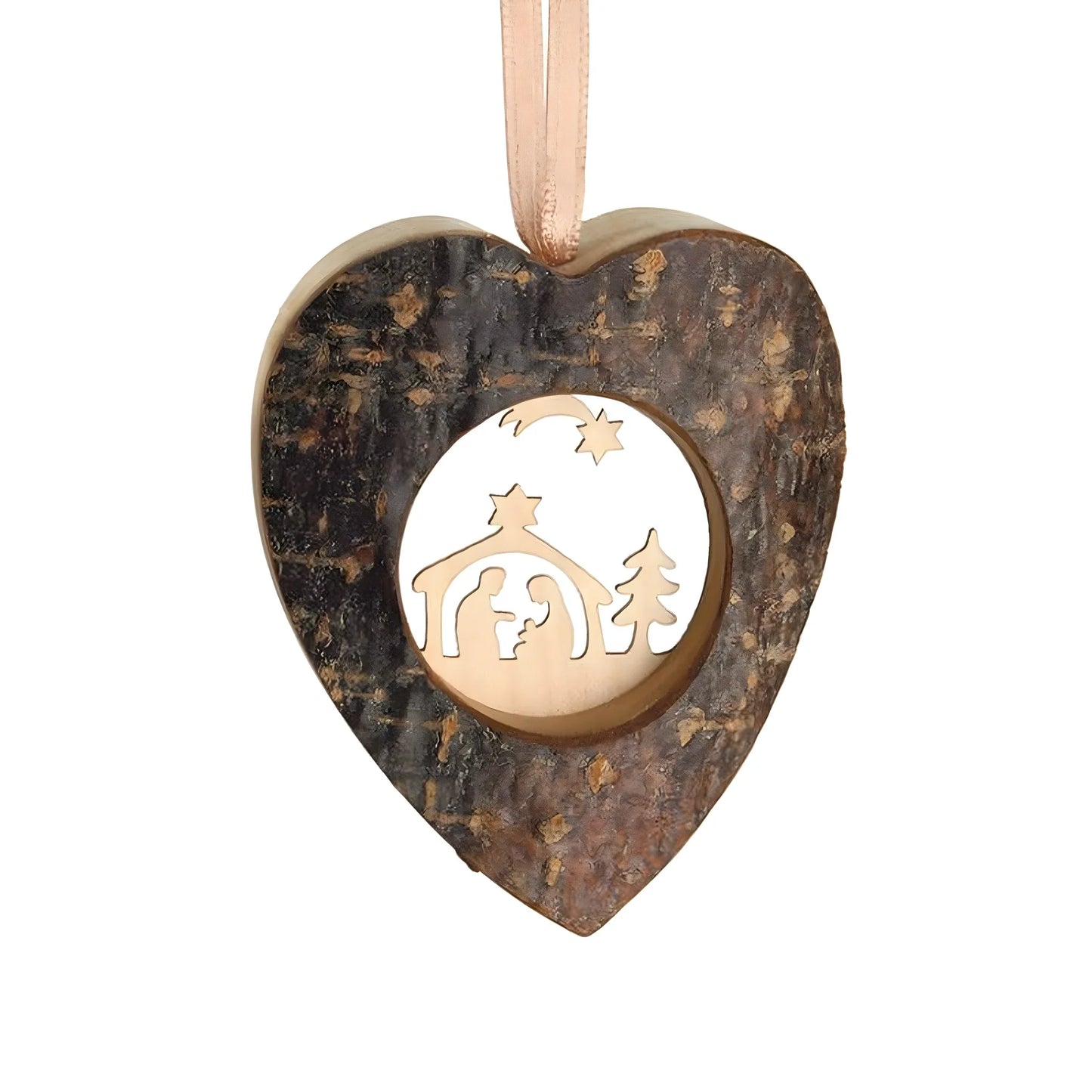 Wooden Nativity Heart with Bark Effect