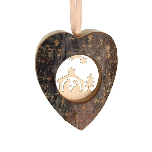 Wooden Nativity Heart with Bark Effect