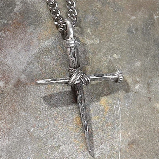 Bright Cut Pewter Nail Cross Necklace
