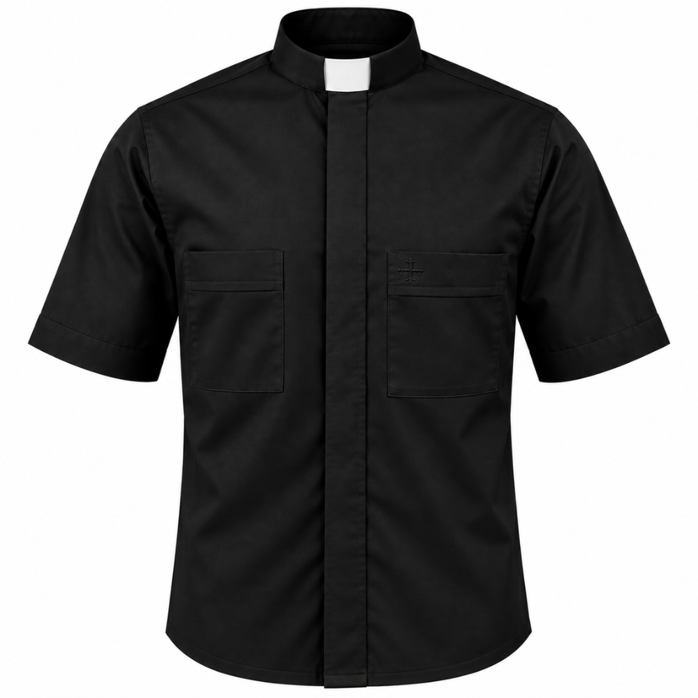 Black Poly/Cotton Rich Short Sleeve Tab Collar Shirt